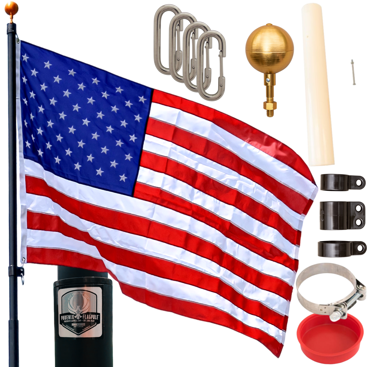 Historic gold telescoping flagpole kit with American flag, hardware, and mounting accessories by Atlantic Flagpole