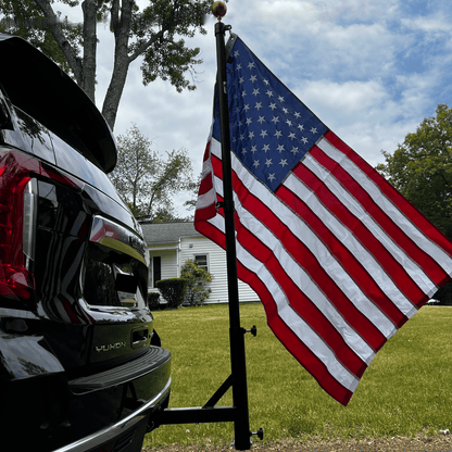 Black powdercoated Phoenix Outrigger hitch mount for flagpole by Atlantic Flag & Pole Inc.