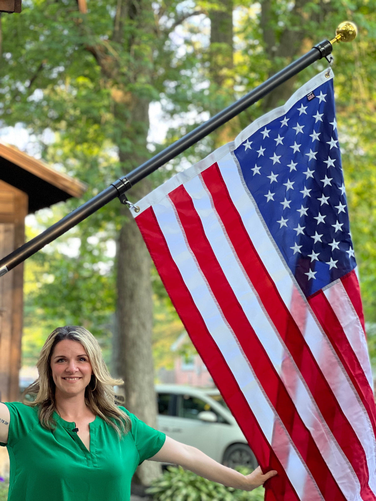 Large nylon American flag with vibrant colors, featuring 50 stars and 13 stripes by Atlantic Flag and Pole Inc.