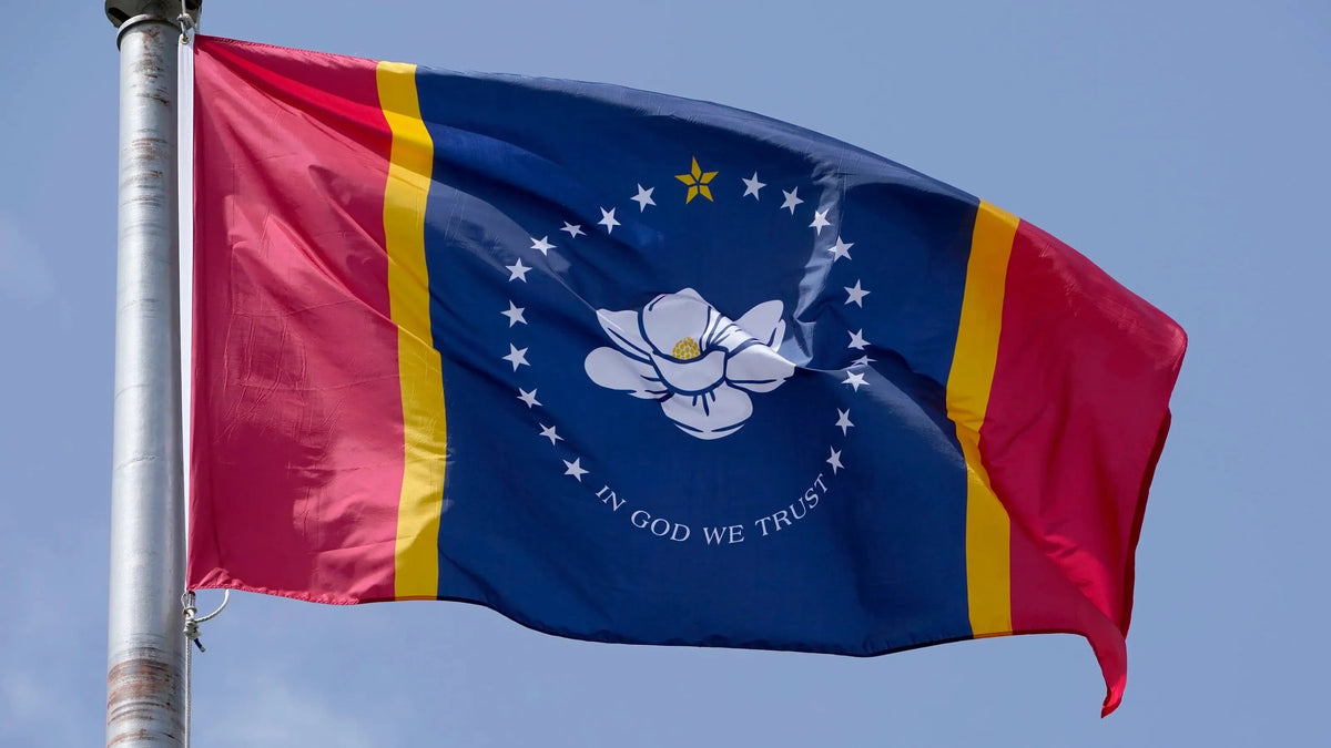 Mississippi state flag featuring red, white, and blue design, made in the USA by Atlantic Flagpole.