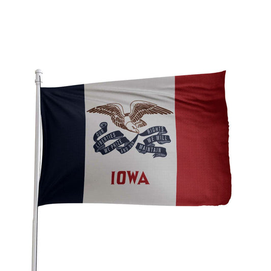 Vibrant Iowa State flag with bold blue, red, and white colors from Atlantic Flag & Pole Inc.