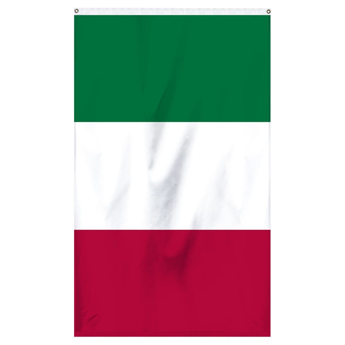 Italian flag in green, white, and red, made by Atlantic Flag & Pole Inc.