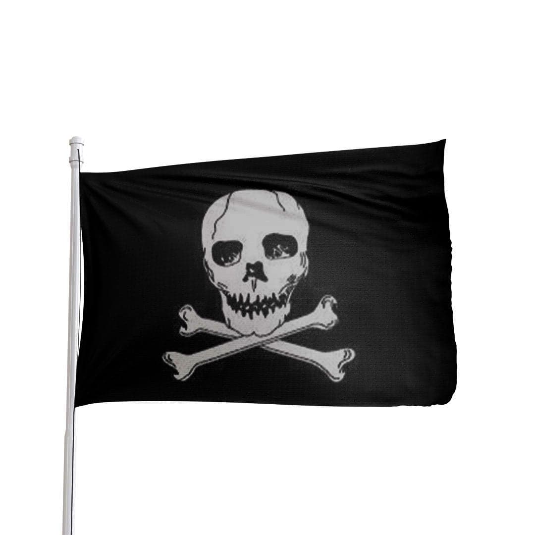 Jolly Roger pirate flag in black and white, made from nylon with brass grommets by Atlantic Flag & Pole Inc.