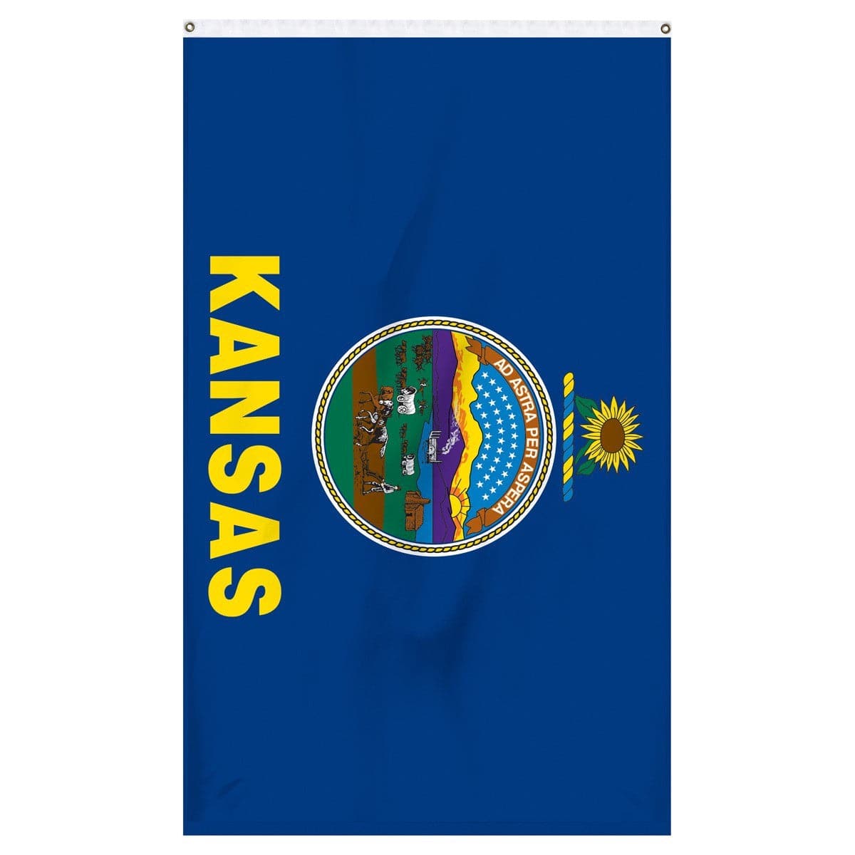 Kansas State Flag by Atlantic Flag & Pole Inc. featuring vibrant colors and detailed state seal design.