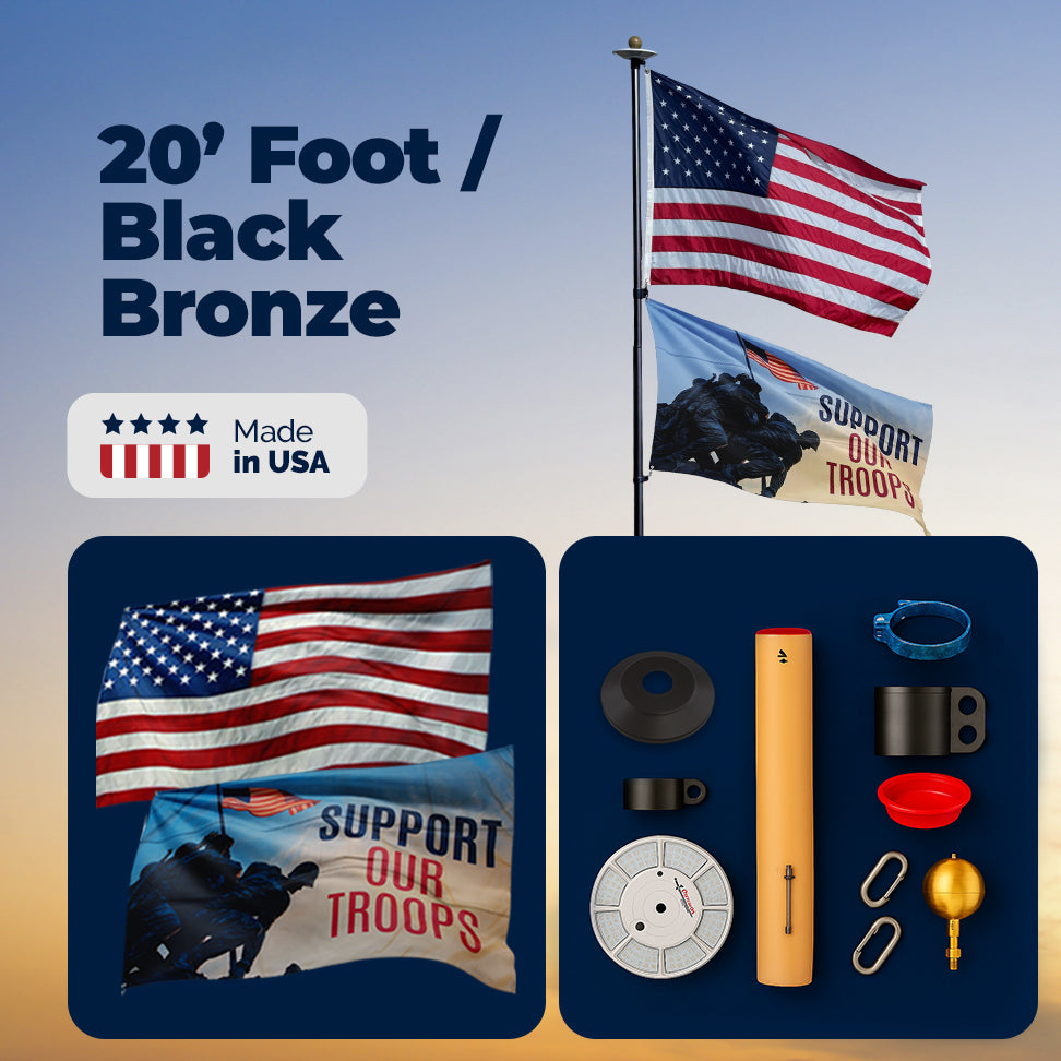 Atlantic Flag & Pole telescoping flagpole in black bronze, 15-foot height, with adjustable design for easy setup.