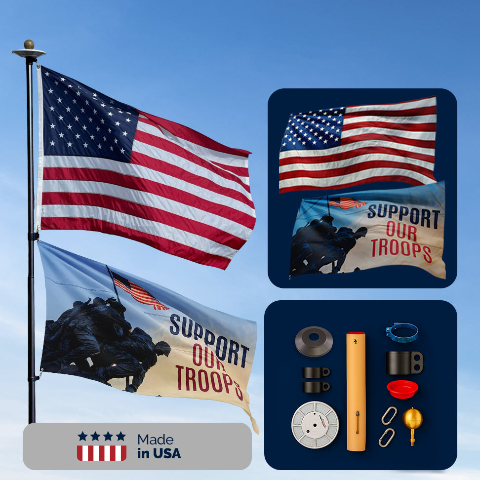 15-foot telescoping flagpole in black bronze by Atlantic Flag & Pole Inc. with attached American flag