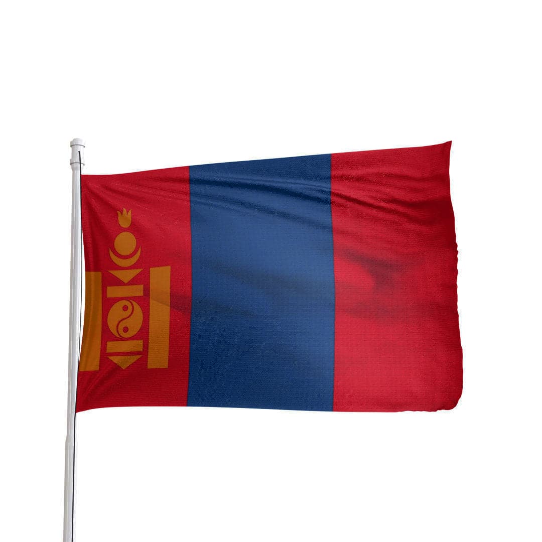 3x5 ft nylon Mongolia flag featuring brass grommets and a vibrant design by Atlantic Flag & Pole Inc.