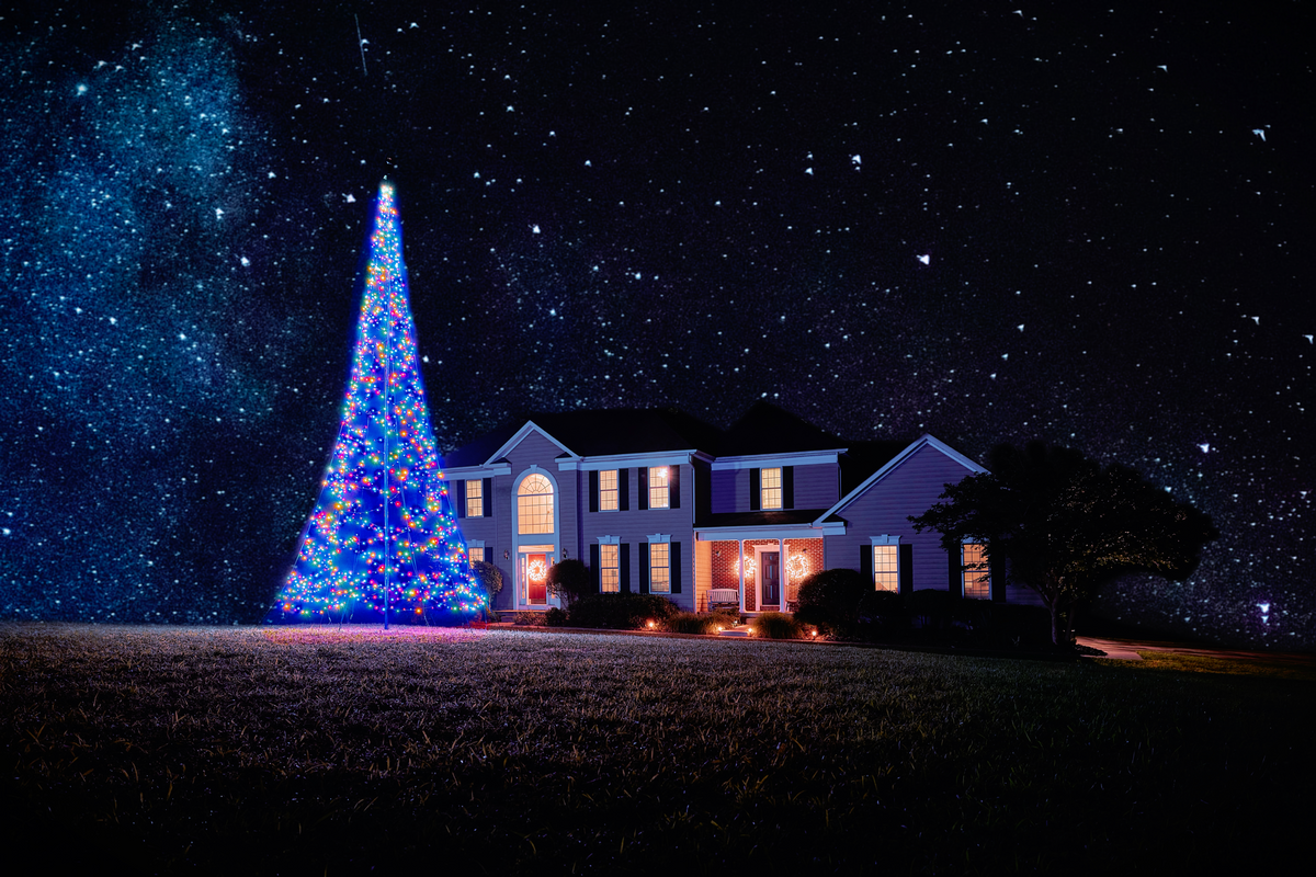 LED Christmas tree with warm white lights for flagpoles, available in sizes for 20' and 25', by Atlantic Flagpole.