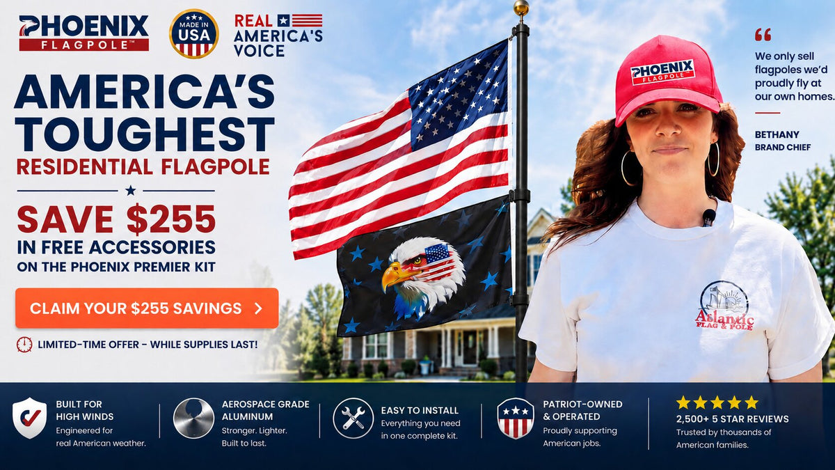 Phoenix Flagpole America's Toughest Residential Flagpole - Save $255 in free accessories on the Phoenix Premier Kit, made in USA aerospace grade aluminum flagpole with American and Atlantic Flag & Pole eagle flag