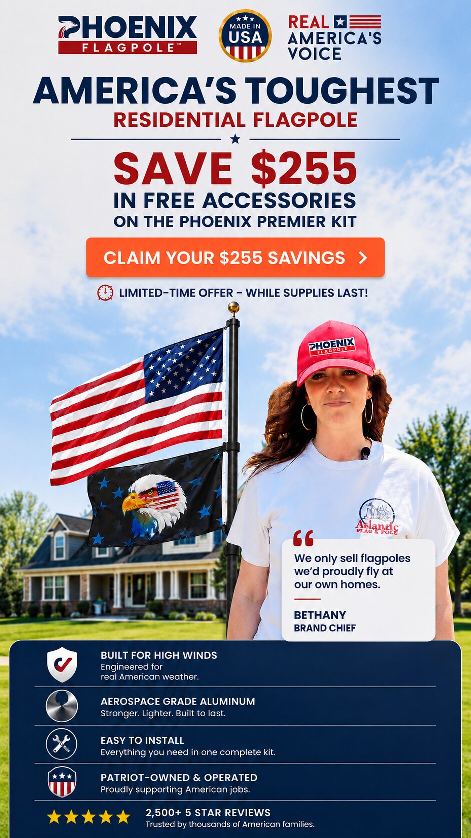 Phoenix Flagpole America's Toughest Residential Flagpole - Save $255 in free accessories on the Phoenix Premier Kit, made in USA aerospace grade aluminum flagpole with American and Atlantic Flag & Pole eagle flag