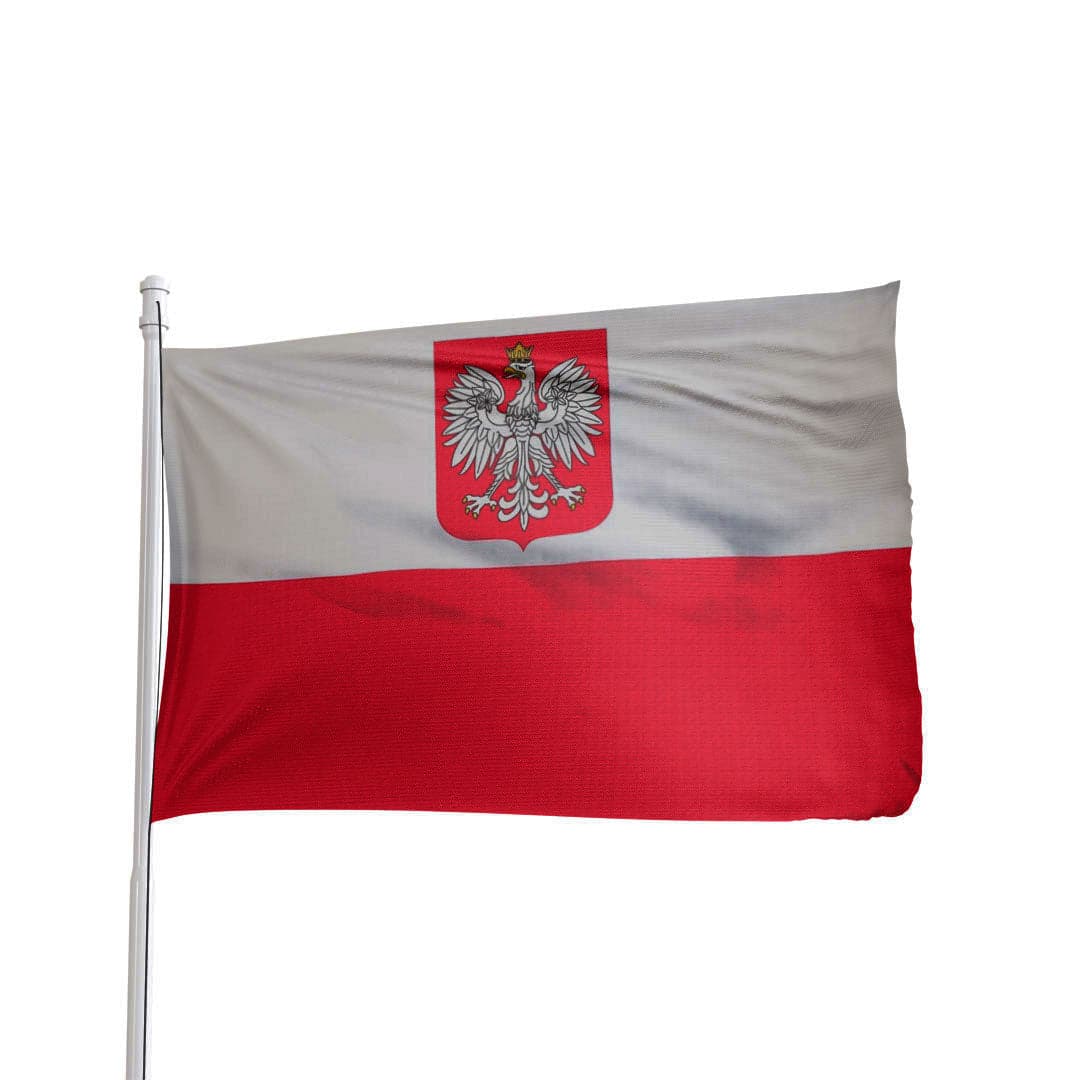 3x5ft nylon Poland flag featuring an eagle emblem, with brass grommets and canvas heading by Atlantic Flag & Pole Inc.