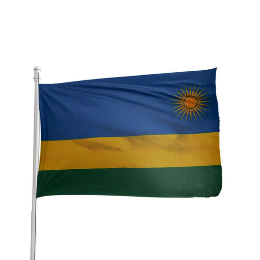 Rwanda flag 3x5 ft made of nylon with brass grommets, featuring vibrant blue and yellow colors.