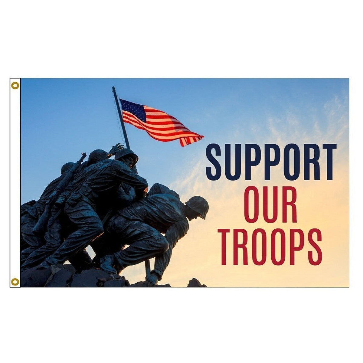 3x5 Support Our Troops flag featuring soldiers planting the American flag, by Flag Source, ideal for holidays.
