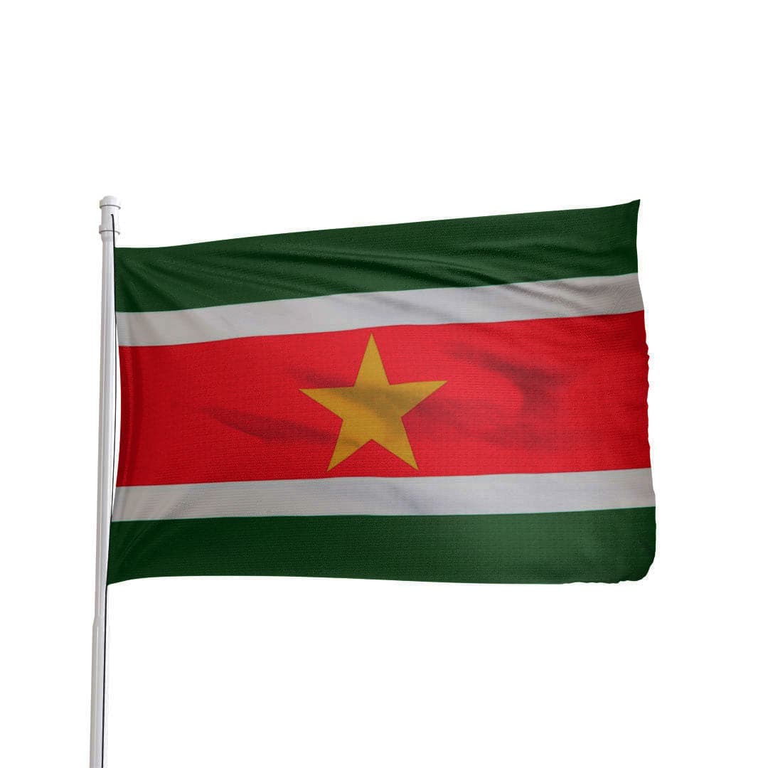 Suriname flag with vibrant green, red, and yellow stripes, by Atlantic Flag & Pole Inc.