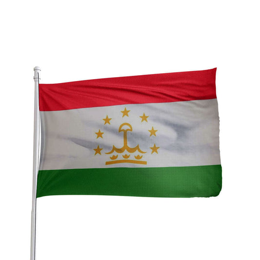 Tajikistan flag with vibrant colors, featuring a crown and stars, by Atlantic Flag & Pole Inc.