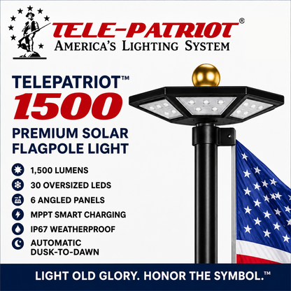 Atlantic Flagpole TelePatriot 1500 premium solar flagpole light, 1,500 lumens, 30 oversized LEDs, 6 angled panels, IP67 weatherproof, in black