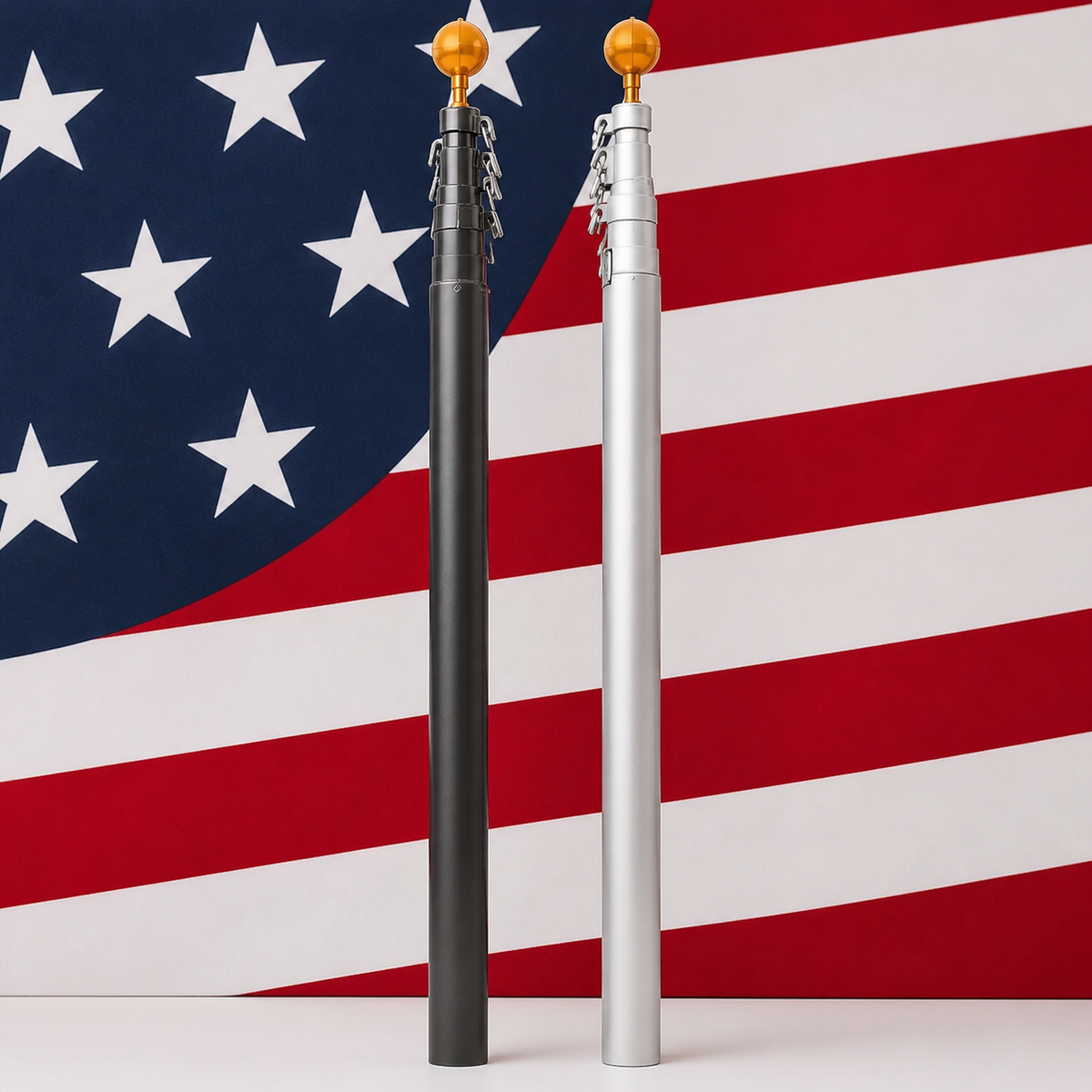 Two flagpoles, one black and one silver, against an American flag background.