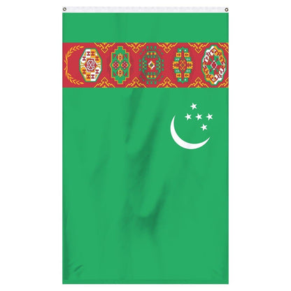 Turkmenistan National Flag for sale to buy online from Atlantic Flag and Pole. Green flag with a white crescent moon and 5 white stars with a patch or multicolored tribal images.