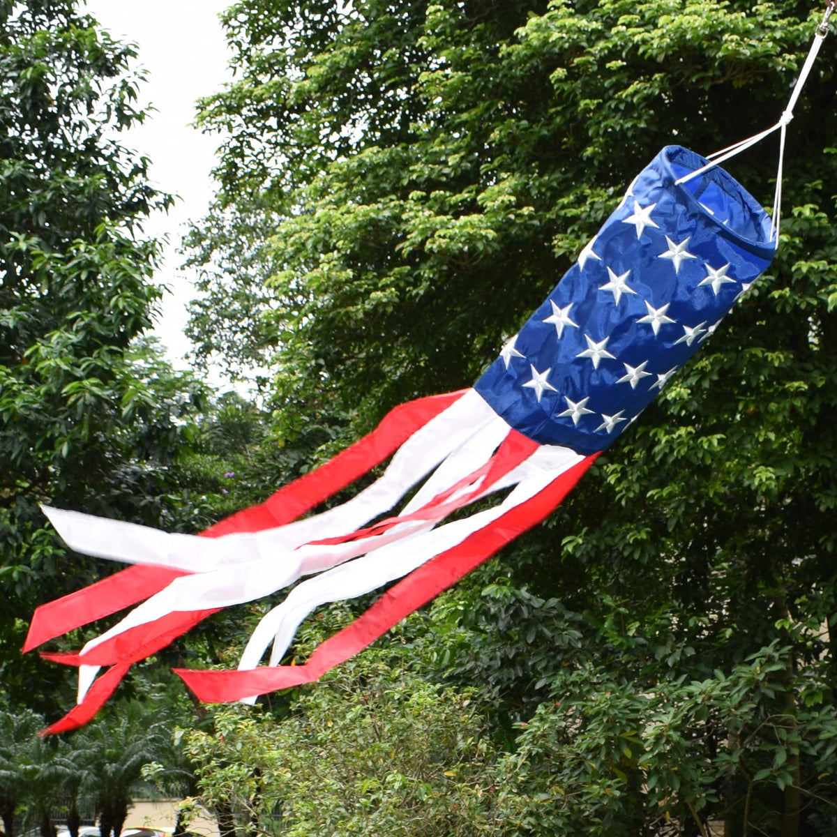 Colorful windsock by Atlantic Flag and Pole Inc, features vibrant design, available in multiple sizes.
