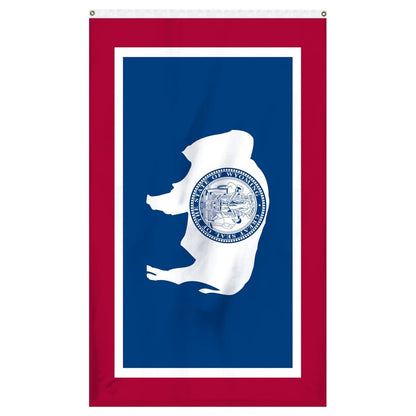 Wyoming State Flag by Atlantic Flag & Pole Inc., featuring blue background with a white seal and red accents.