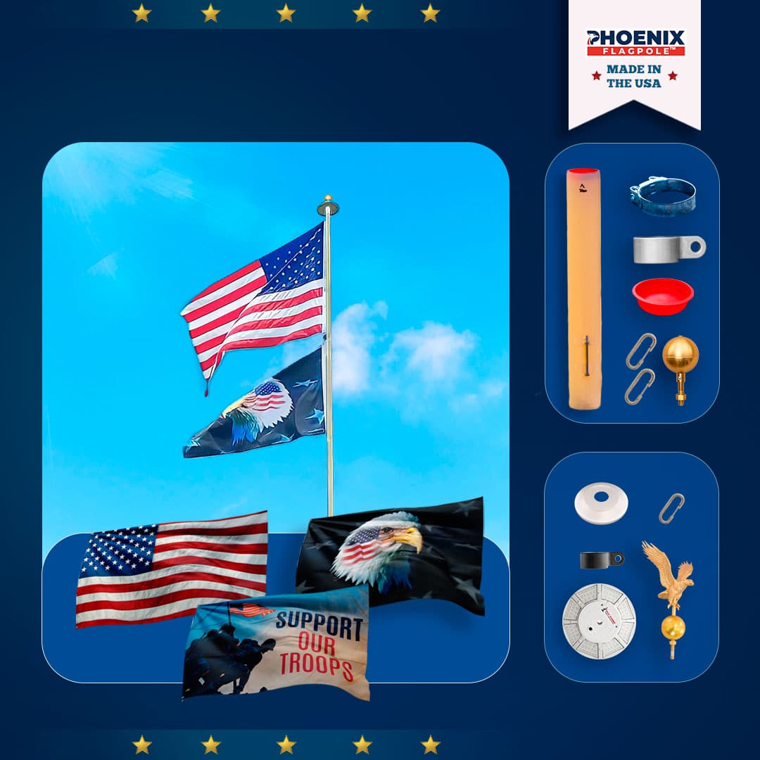 20' black bronze flagpole kit with American and Support Our Troops flags, solar light, eagle topper, and accessories