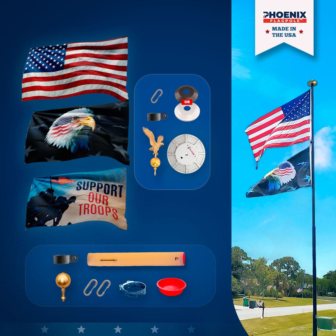 20' Presidential Flagpole Bundle by Atlantic Flagpole with Eagle and Support Our Troops flags, solar light, and bronze detai