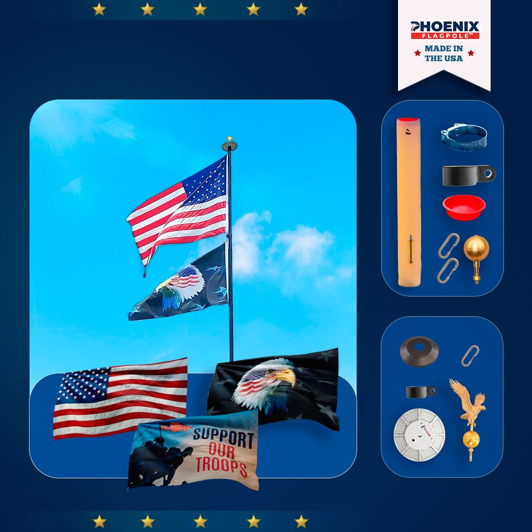 Presidential flagpole bundle featuring American flags, eagle flag, gold eagle ornament, and solar light